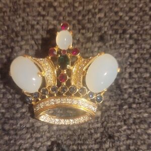 Gold Crown Brooch with White and Red Jewels
